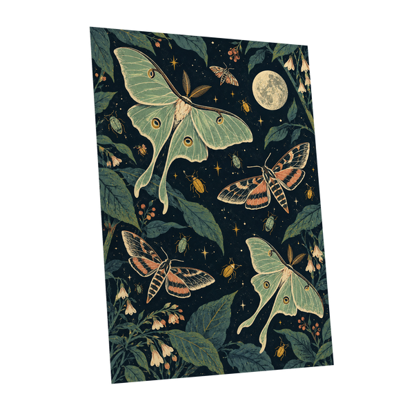 Moonlit Moth Garden, black, green, beige nature wall art shown as a unframed poster wall art print