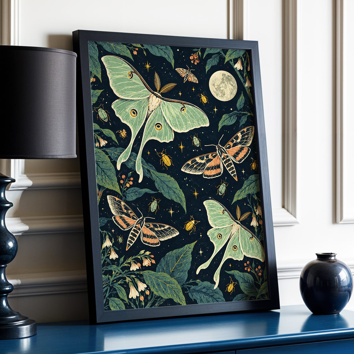 Moonlit Moth Garden, black, green, beige nature wall art displayed in a styled interior, gallery view 2