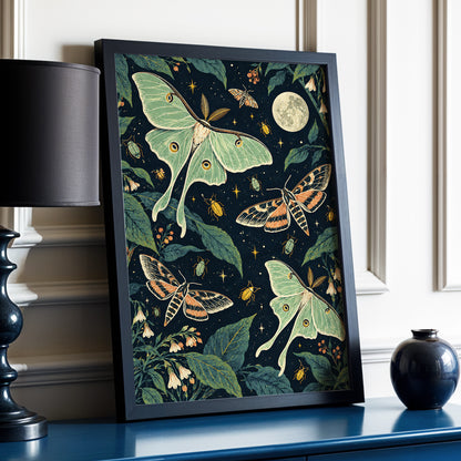 Moonlit Moth Garden, black, green, beige nature wall art displayed in a styled interior, gallery view 2