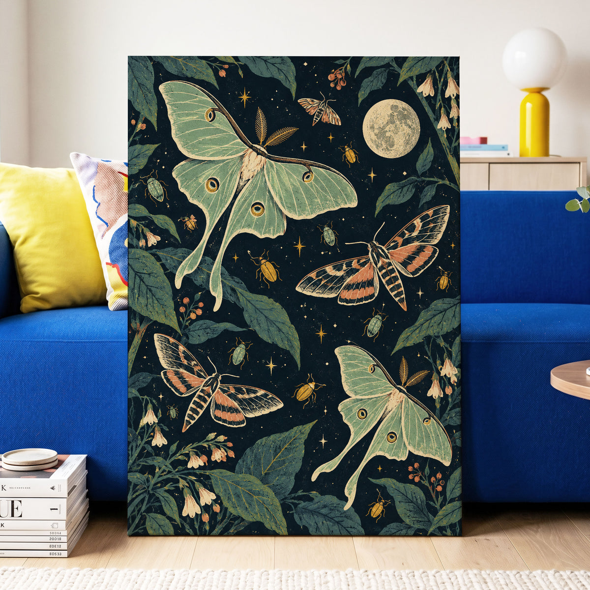 Moonlit Moth Garden, black, green, beige nature wall art displayed in a styled interior, gallery view 3