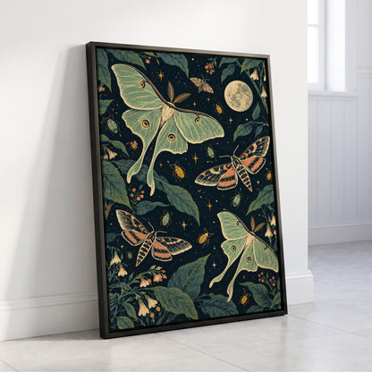 Moonlit Moth Garden, black, green, beige nature wall art displayed in a styled interior, gallery view 4