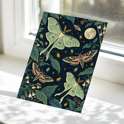 Moonlit Moth Garden, black, green, beige nature wall art displayed in a styled interior, gallery view 5