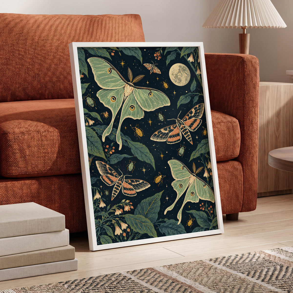 Moonlit Moth Garden, black, green, beige nature wall art displayed in a styled interior, gallery view 6