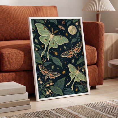 Moonlit Moth Garden, black, green, beige nature wall art displayed in a styled interior, gallery view 6