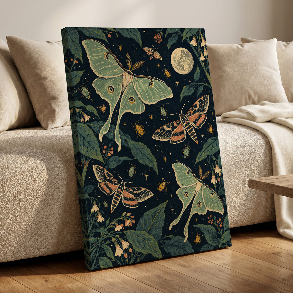 Moonlit Moth Garden, black, green, beige nature wall art displayed in a styled interior, gallery view 7