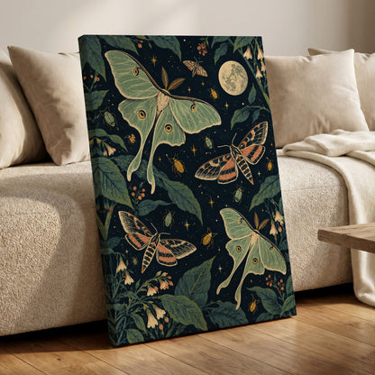 Moonlit Moth Garden, black, green, beige nature wall art displayed in a styled interior, gallery view 7