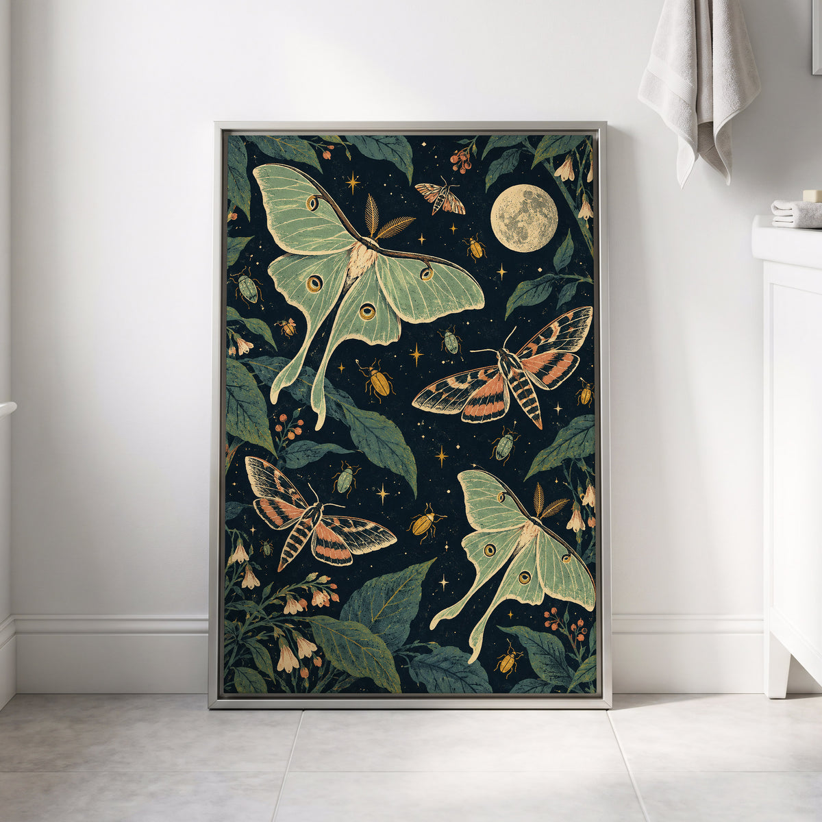 Moonlit Moth Garden, black, green, beige nature wall art displayed in a styled interior, gallery view 8