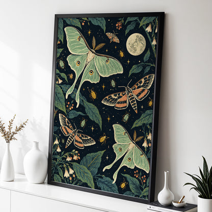 Moonlit Moth Garden, black, green, beige nature wall art displayed in a styled interior, gallery view 9