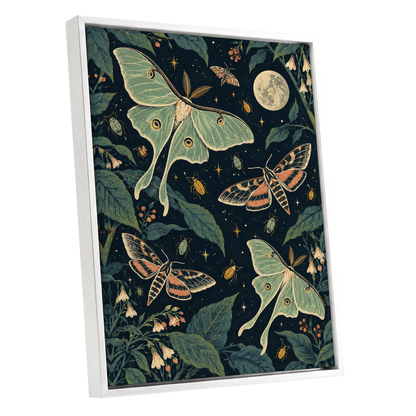 Moonlit Moth Garden, black, green, beige nature wall art shown as a white framed canvas wall art