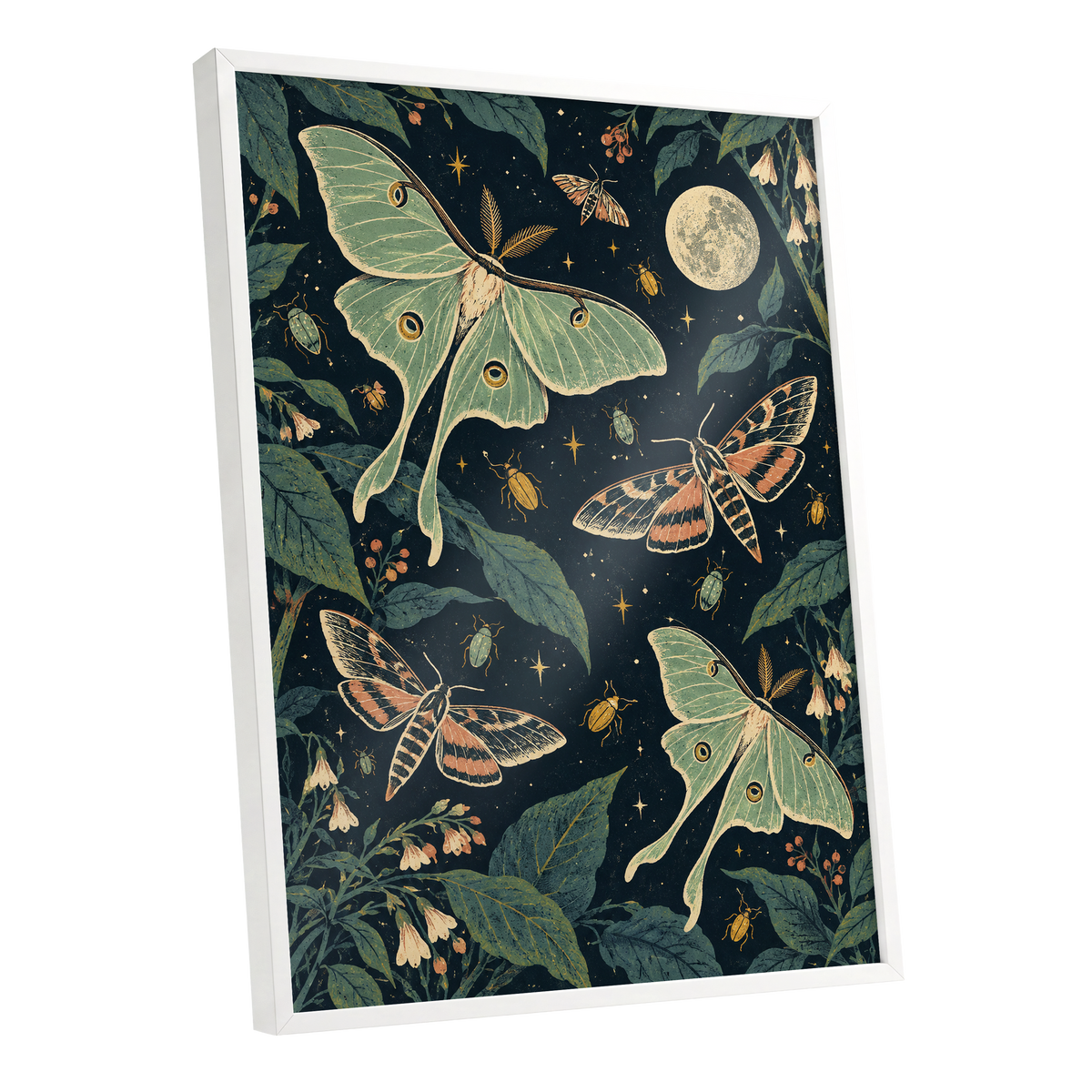 Moonlit Moth Garden, black, green, beige nature wall art shown as a white framed poster wall art print