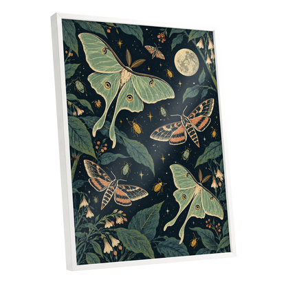 Moonlit Moth Garden, black, green, beige nature wall art shown as a white framed poster wall art print