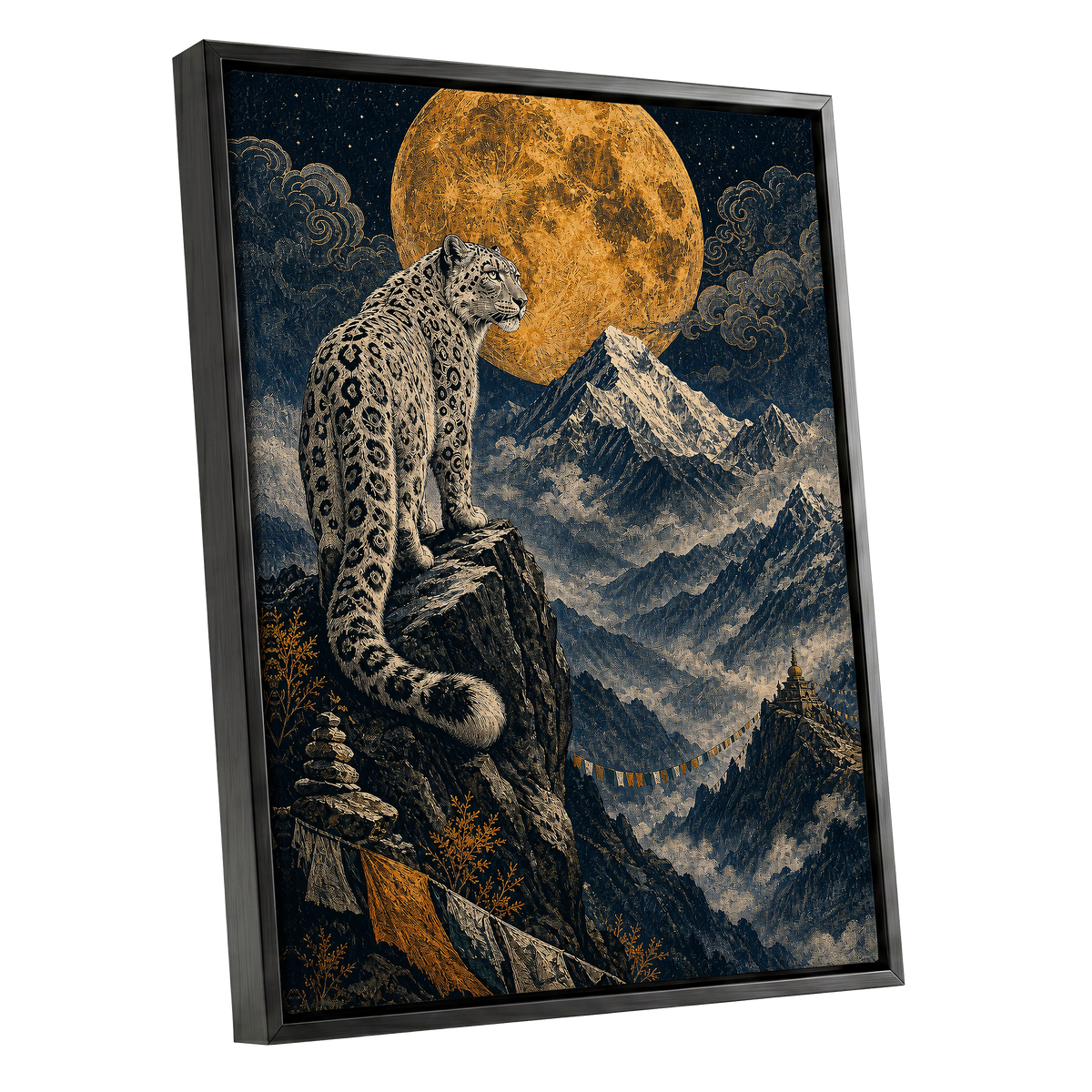 Moonlit Mountain Sentinel, blue, black, beige nature wall art shown as a black framed canvas wall art
