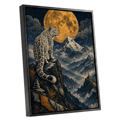 Moonlit Mountain Sentinel, blue, black, beige nature wall art shown as a black framed canvas wall art