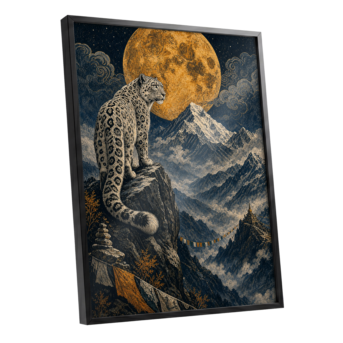 Moonlit Mountain Sentinel, blue, black, beige nature wall art shown as a black framed poster wall art print