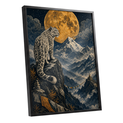 Moonlit Mountain Sentinel, blue, black, beige nature wall art shown as a black framed poster wall art print