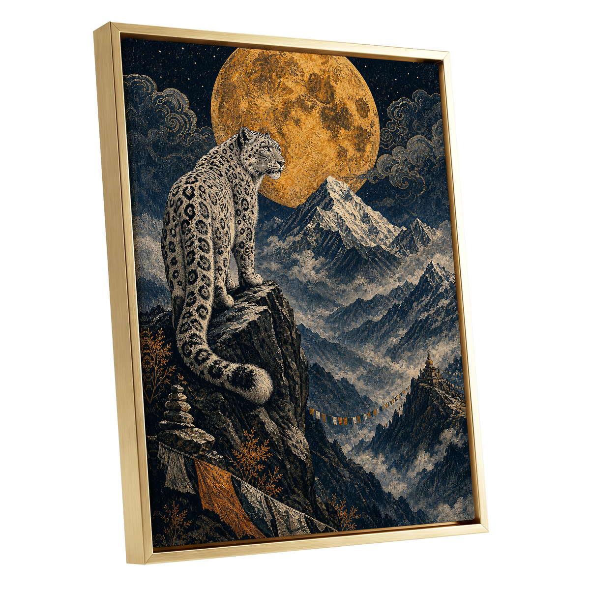 Moonlit Mountain Sentinel, blue, black, beige nature wall art shown as a gold framed canvas wall art