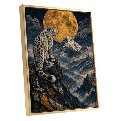 Moonlit Mountain Sentinel, blue, black, beige nature wall art shown as a gold framed canvas wall art