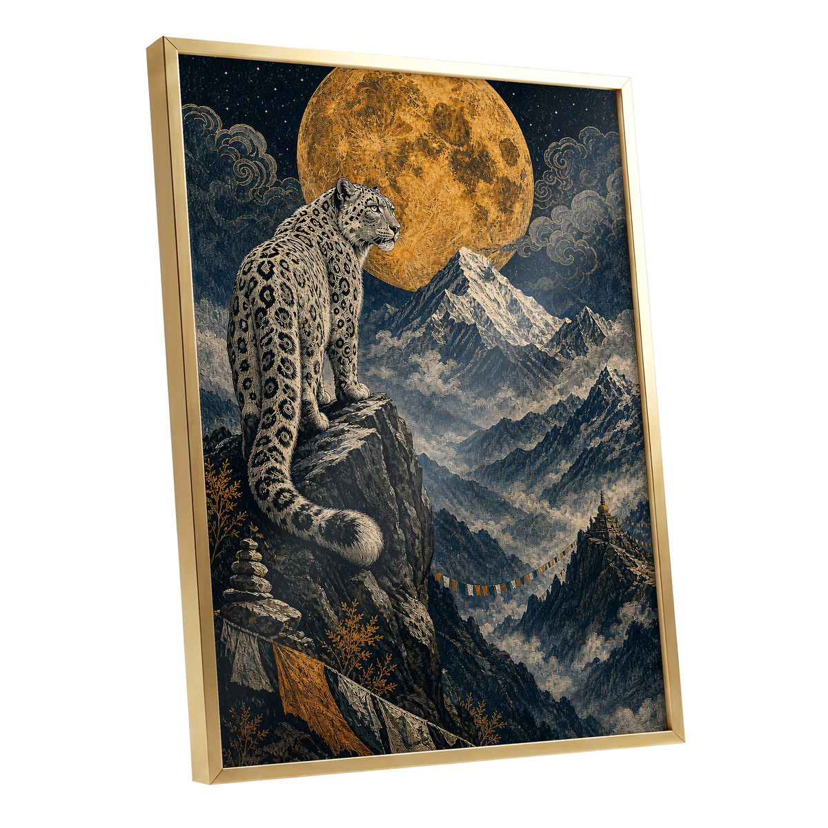 Moonlit Mountain Sentinel, blue, black, beige nature wall art shown as a gold framed poster wall art print