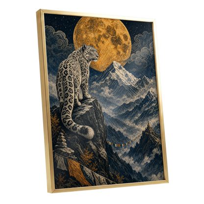 Moonlit Mountain Sentinel, blue, black, beige nature wall art shown as a gold framed poster wall art print