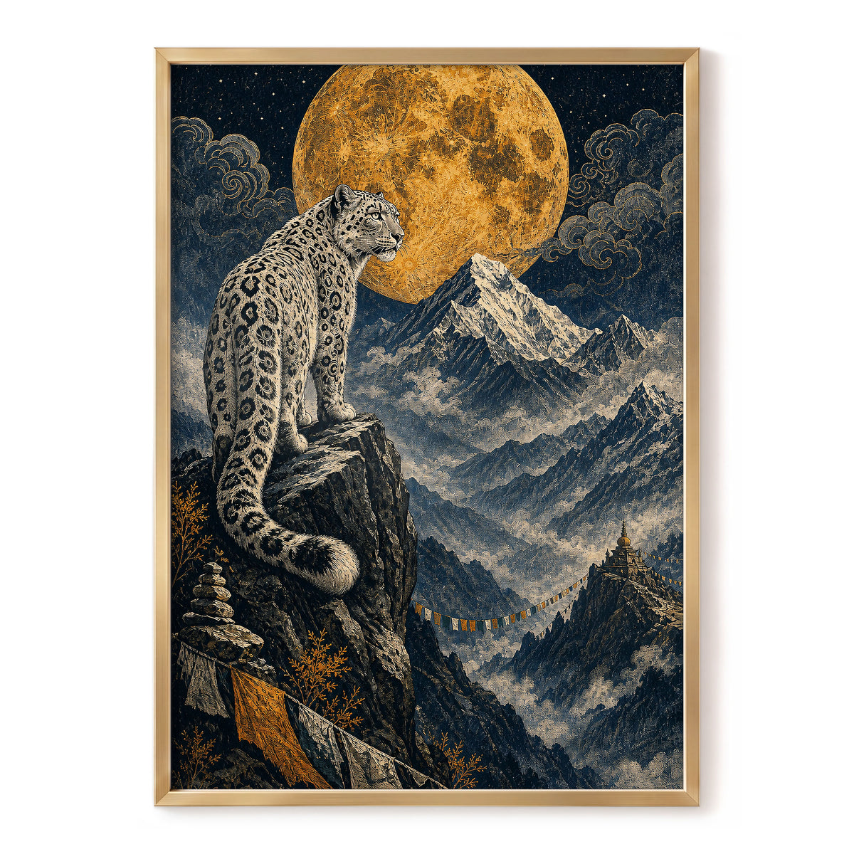 Moonlit Mountain Sentinel, blue, black, beige nature wall art, front artwork view