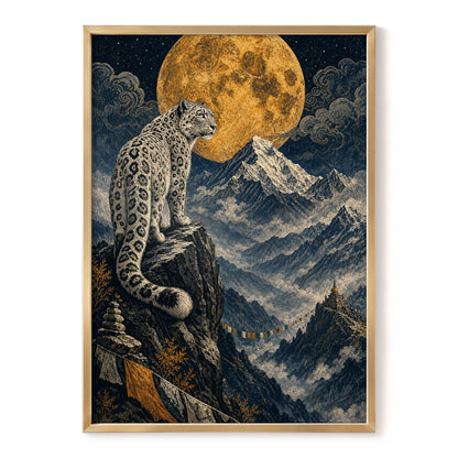 Moonlit Mountain Sentinel, blue, black, beige nature wall art, front artwork view