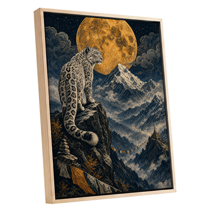 Moonlit Mountain Sentinel, blue, black, beige nature wall art shown as a oak framed canvas wall art
