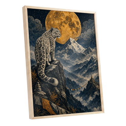 Moonlit Mountain Sentinel, blue, black, beige nature wall art shown as a oak framed poster wall art print