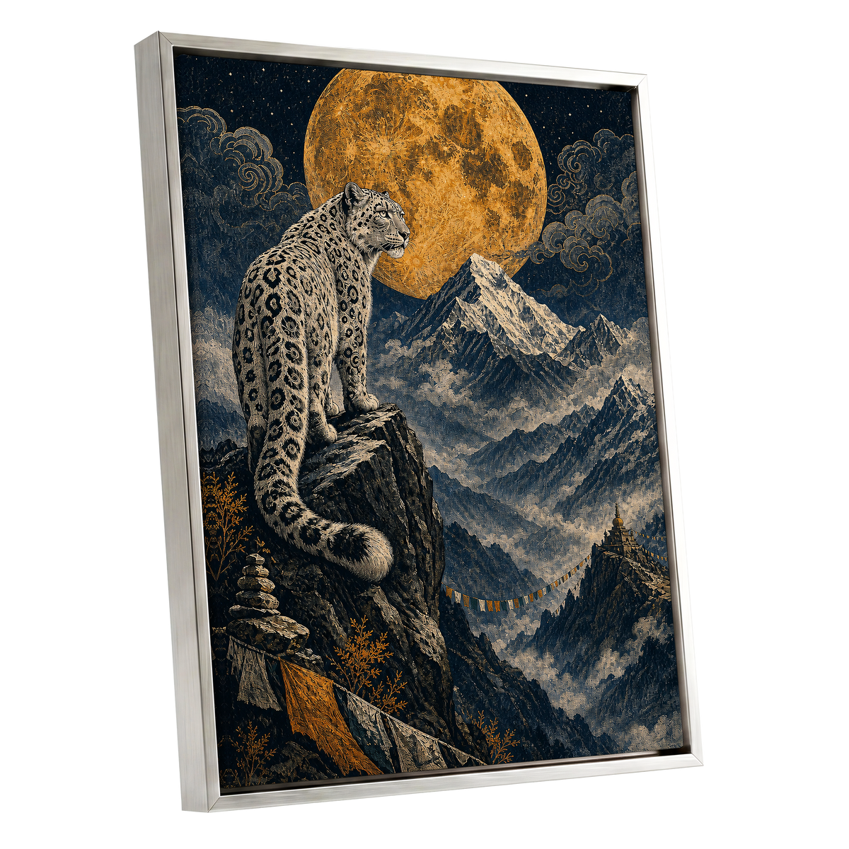 Moonlit Mountain Sentinel, blue, black, beige nature wall art shown as a silver framed canvas wall art