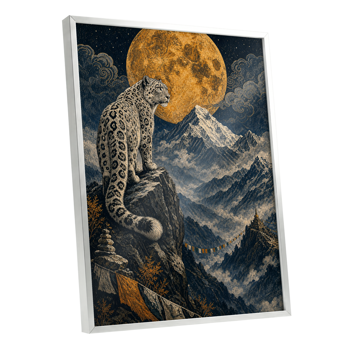 Moonlit Mountain Sentinel, blue, black, beige nature wall art shown as a silver framed poster wall art print