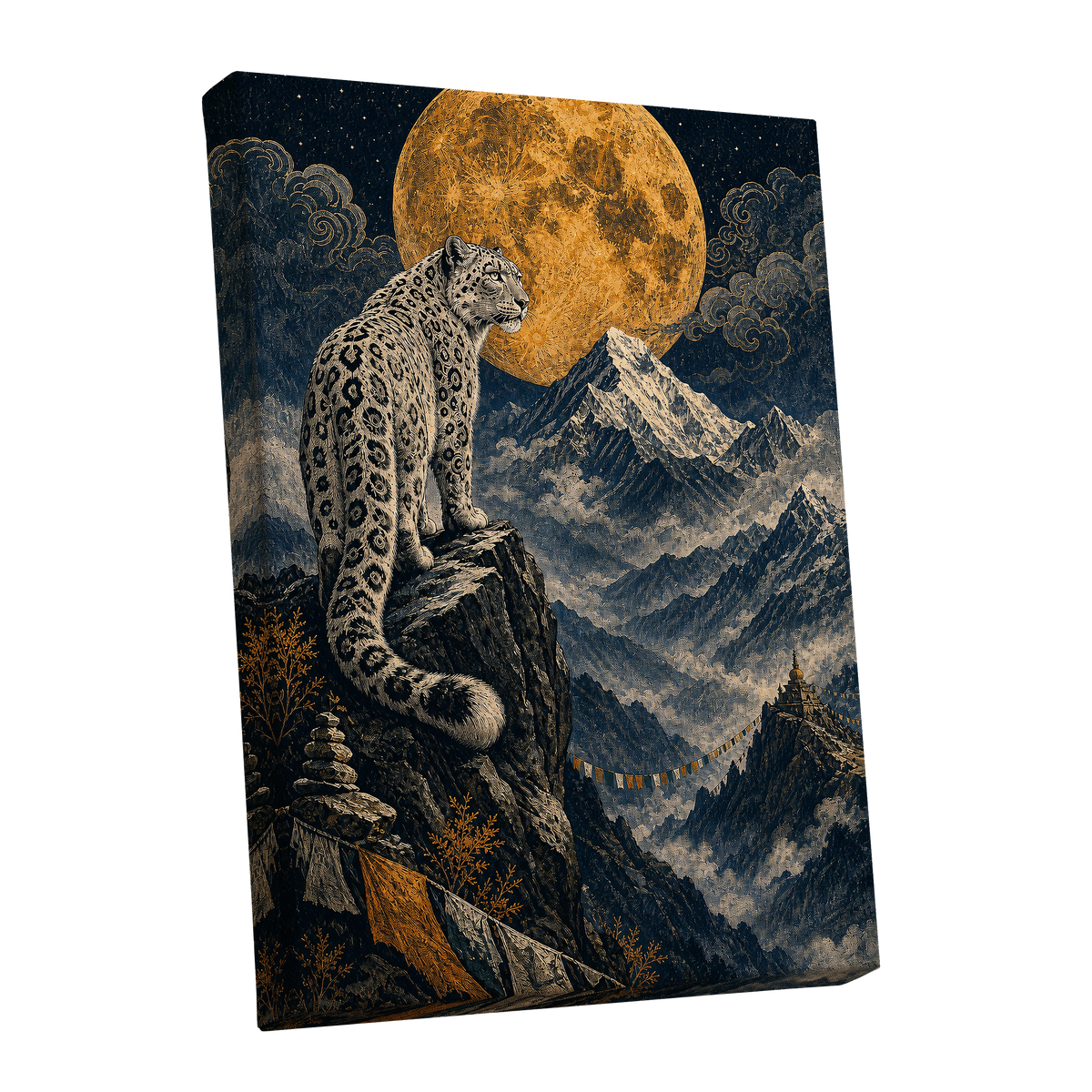 Moonlit Mountain Sentinel, blue, black, beige nature wall art shown as a stretched canvas wall art