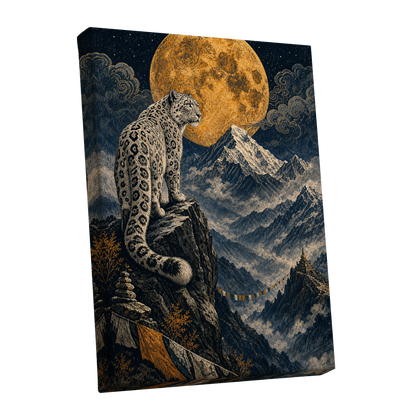 Moonlit Mountain Sentinel, blue, black, beige nature wall art shown as a stretched canvas wall art