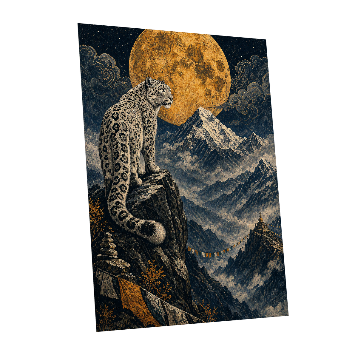 Moonlit Mountain Sentinel, blue, black, beige nature wall art shown as a unframed poster wall art print