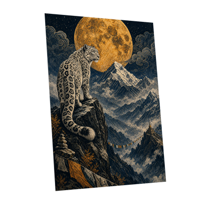 Moonlit Mountain Sentinel, blue, black, beige nature wall art shown as a unframed poster wall art print