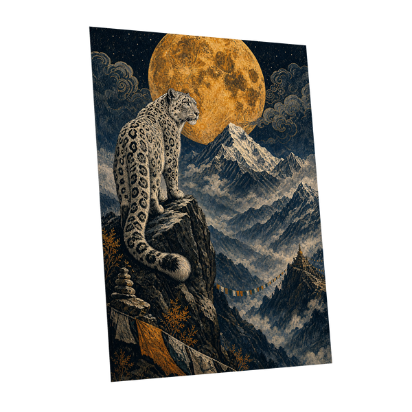 Moonlit Mountain Sentinel, blue, black, beige nature wall art shown as a unframed poster wall art print