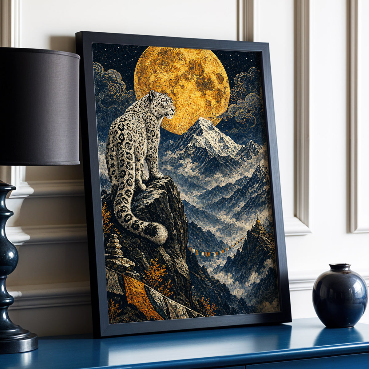 Moonlit Mountain Sentinel, blue, black, beige nature wall art displayed in a styled interior, gallery view 2