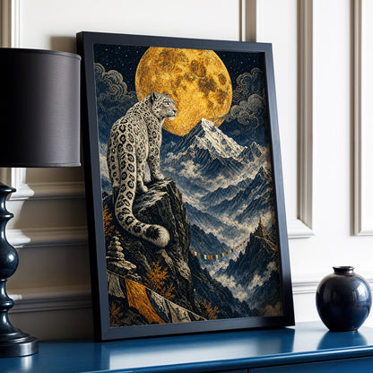 Moonlit Mountain Sentinel, blue, black, beige nature wall art displayed in a styled interior, gallery view 2