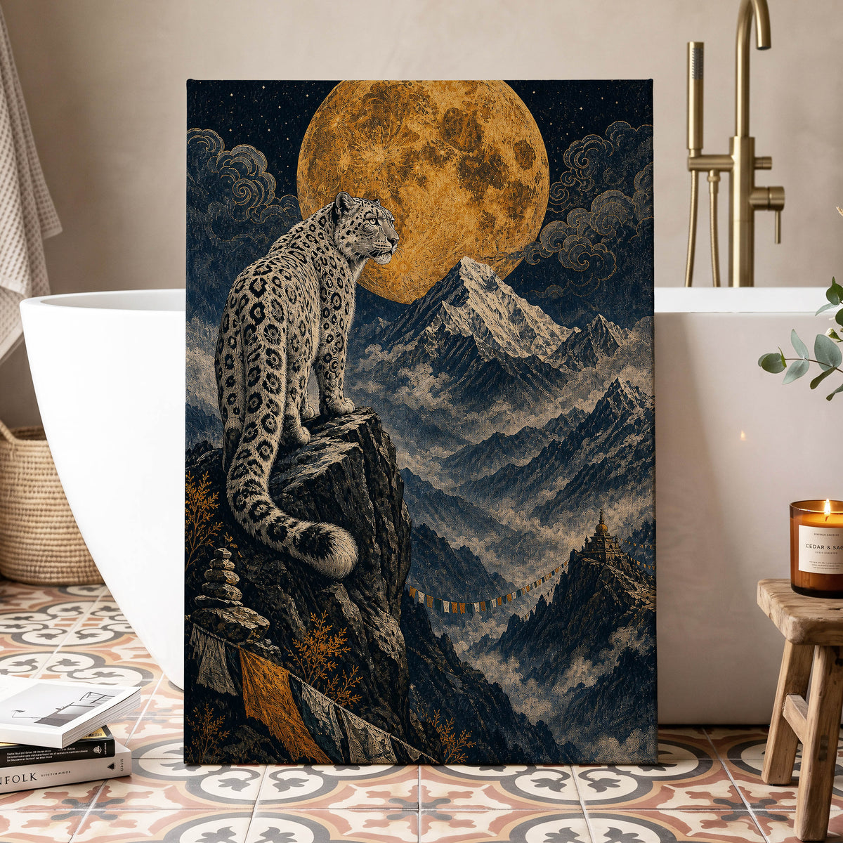 Moonlit Mountain Sentinel, blue, black, beige nature wall art displayed in a styled interior, gallery view 3