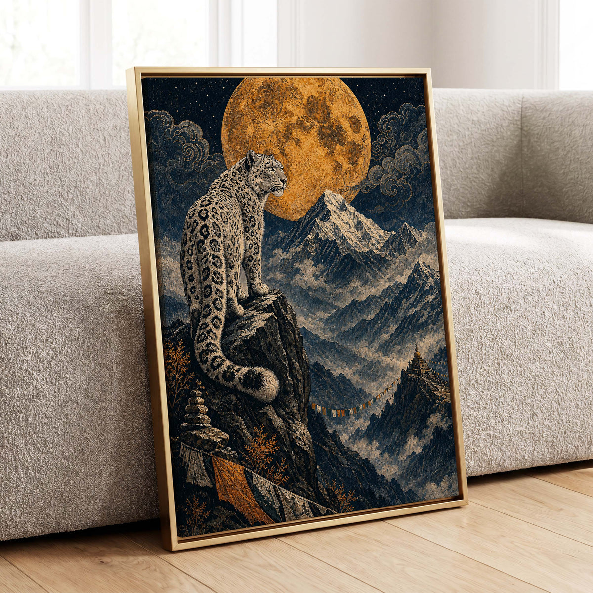 Moonlit Mountain Sentinel, blue, black, beige nature wall art displayed in a styled interior, gallery view 4