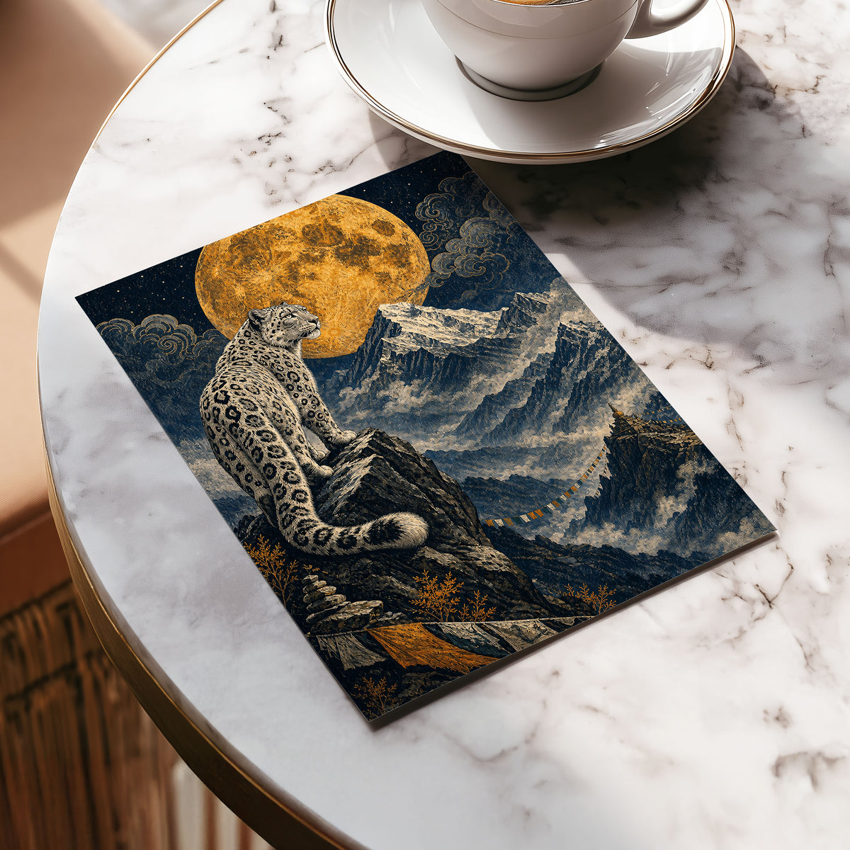 Moonlit Mountain Sentinel, blue, black, beige nature wall art displayed in a styled interior, gallery view 5