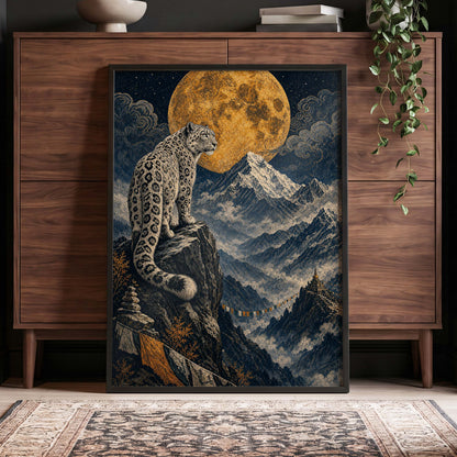 Moonlit Mountain Sentinel, blue, black, beige nature wall art displayed in a styled interior, gallery view 6