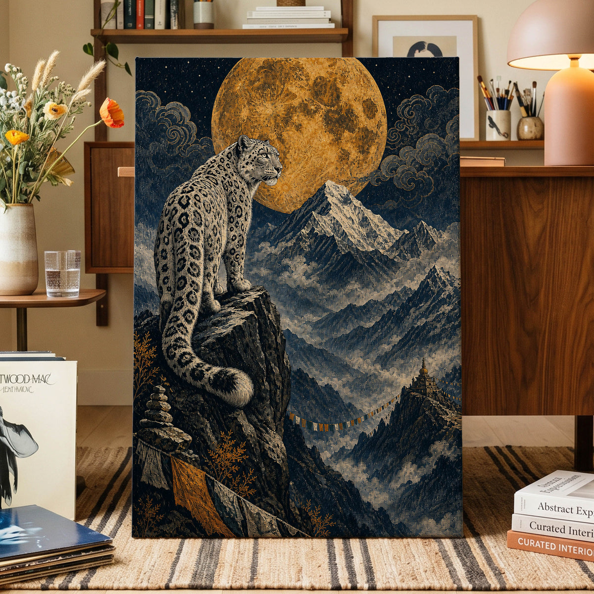 Moonlit Mountain Sentinel, blue, black, beige nature wall art displayed in a styled interior, gallery view 7