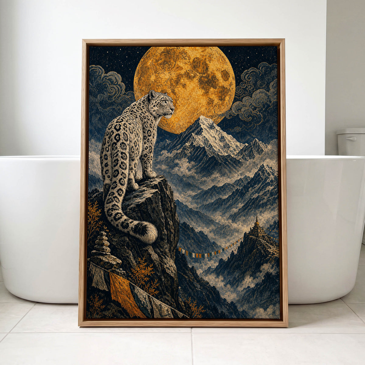 Moonlit Mountain Sentinel, blue, black, beige nature wall art displayed in a styled interior, gallery view 8