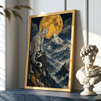 Moonlit Mountain Sentinel, blue, black, beige nature wall art displayed in a styled interior, gallery view 9