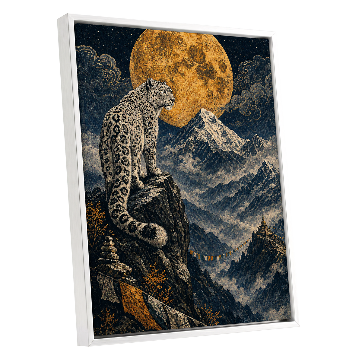 Moonlit Mountain Sentinel, blue, black, beige nature wall art shown as a white framed canvas wall art