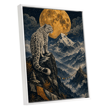Moonlit Mountain Sentinel, blue, black, beige nature wall art shown as a white framed canvas wall art