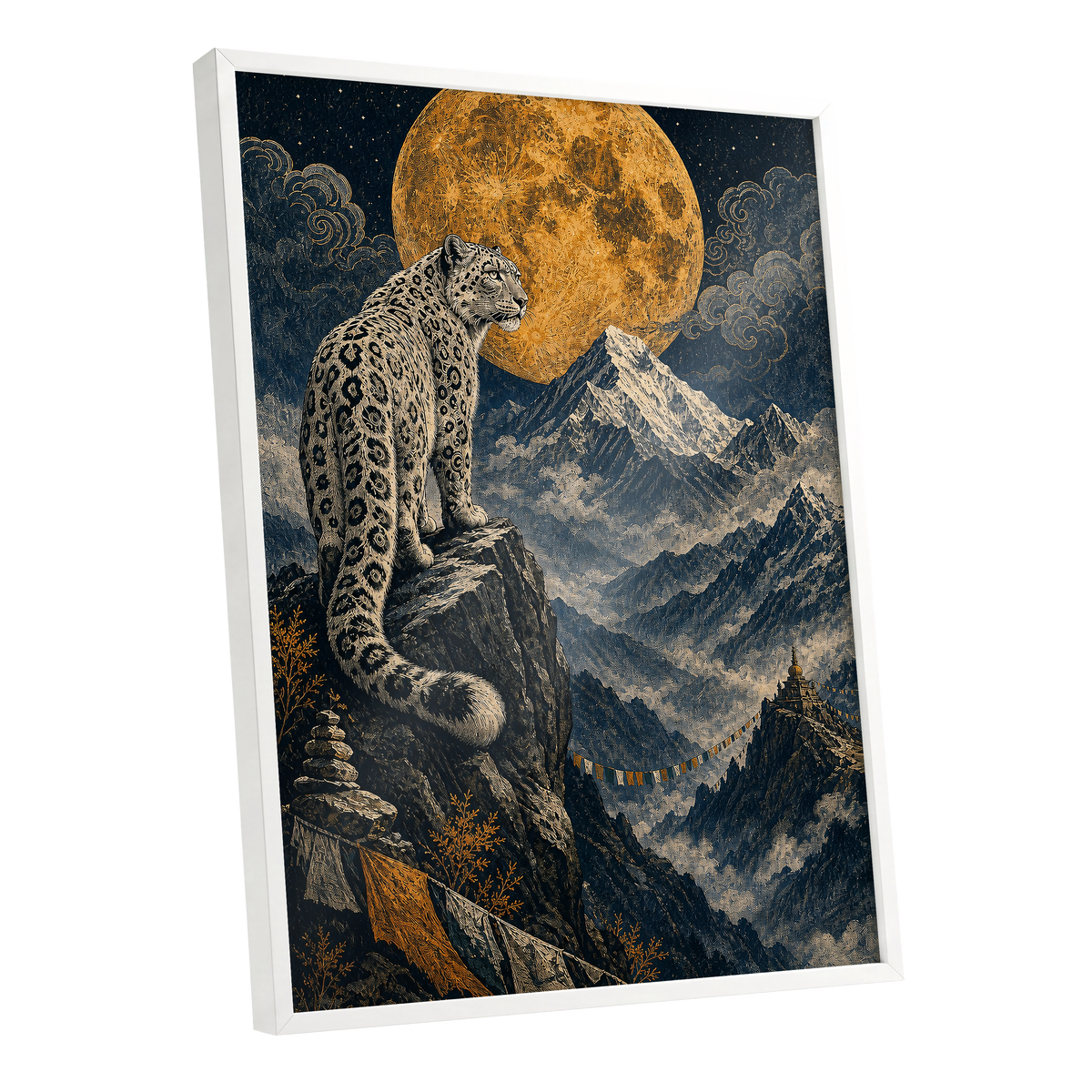Moonlit Mountain Sentinel, blue, black, beige nature wall art shown as a white framed poster wall art print