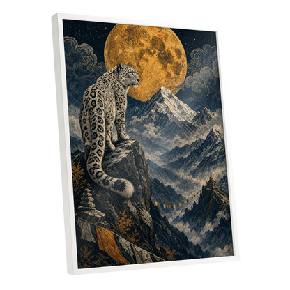 Moonlit Mountain Sentinel, blue, black, beige nature wall art shown as a white framed poster wall art print