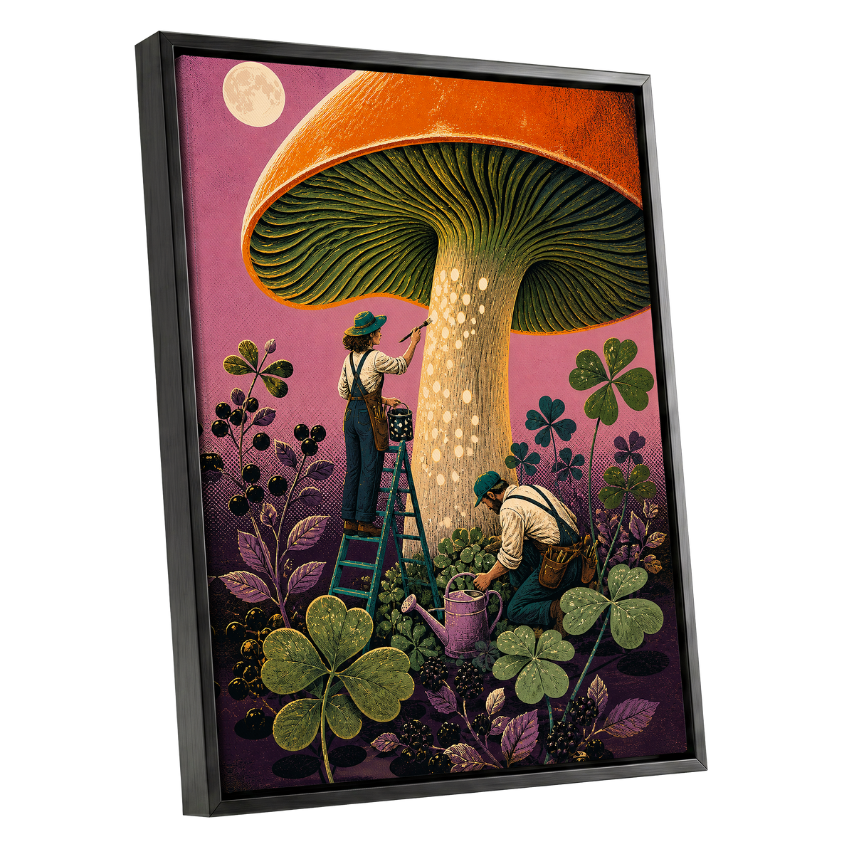 Moonlit Mushroom Makers, orange, green, pink nature wall art shown as a black framed canvas wall art