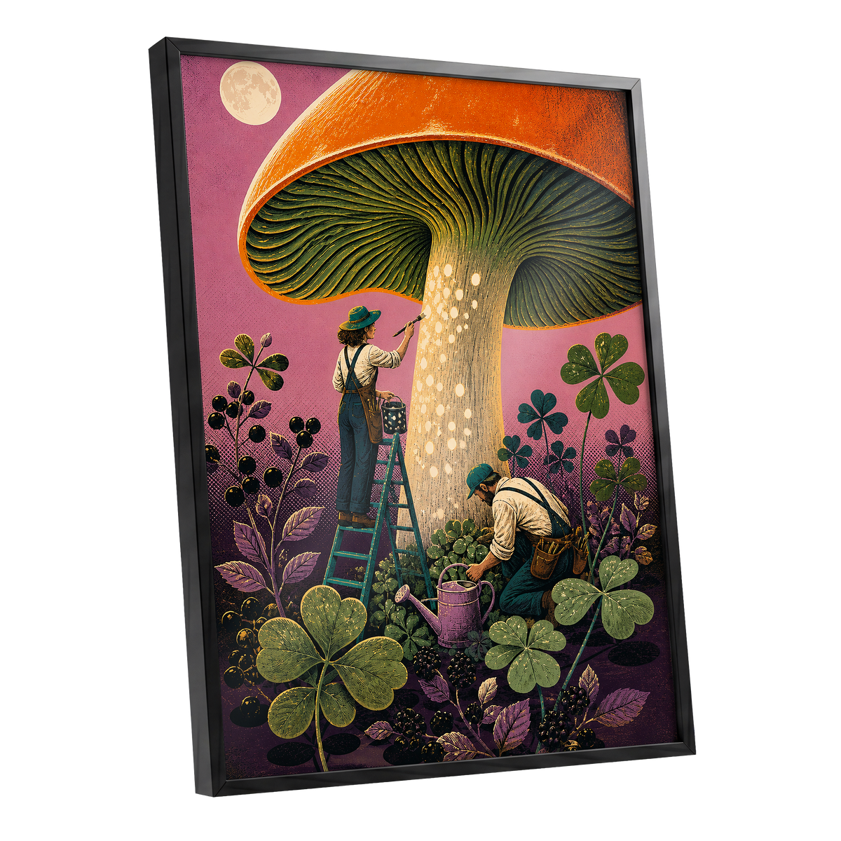 Moonlit Mushroom Makers, orange, green, pink nature wall art shown as a black framed poster wall art print