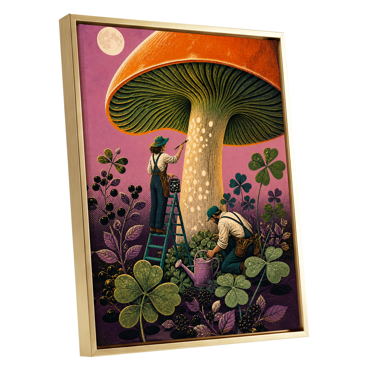 Moonlit Mushroom Makers, orange, green, pink nature wall art shown as a gold framed canvas wall art